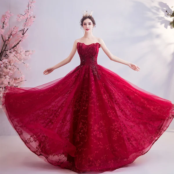 Chic / Beautiful Red Evening Dresses 2020 A-Line / Princess Strapless Beading Sequins Lace Rhinestone Sleeveless Backless Floor-Length / Long Formal Dresses