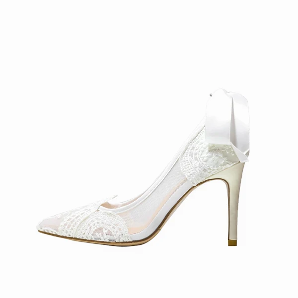 Schöne Ivory / Creme Durchsichtige Brautschuhe 2021 Schleife Spitze Blumen 9 cm Stilettos Spitzschuh Hochzeit Pumps Hochhackige