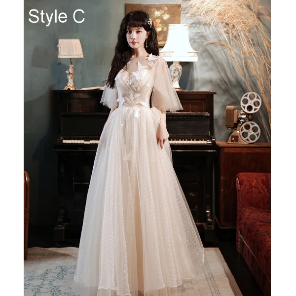 Modest / Simple Champagne Bridesmaid Dresses 2021 A-Line / Princess Scoop Neck Butterfly Lace Flower Short Sleeve Backless Floor-Length / Long Wedding Party Dresses