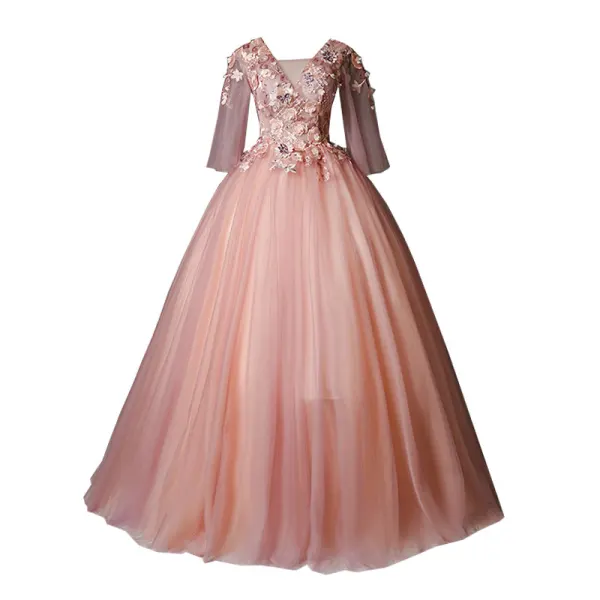 Flower Fairy Pearl Pink Prom Dresses 2020 Ball Gown V-Neck Pearl Sequins Lace Flower Appliques 3/4 Sleeve Backless Floor-Length / Long Formal Dresses