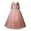Flower Fairy Pearl Pink Prom Dresses 2020 Ball Gown V-Neck Pearl Sequins Lace Flower Appliques 3/4 Sleeve Backless Floor-Length / Long Formal Dresses