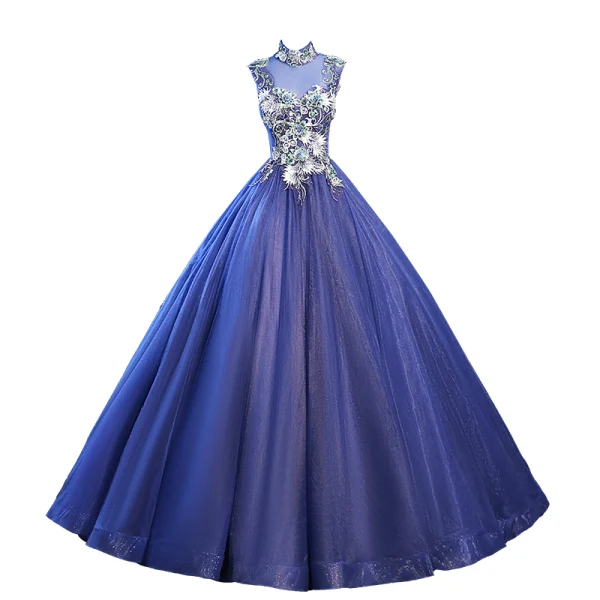 Vintage / Retro Royal Blue Prom Dresses 2020 Ball Gown High Neck Beading Rhinestone Lace Flower Sleeveless Backless Floor-Length / Long Formal Dresses