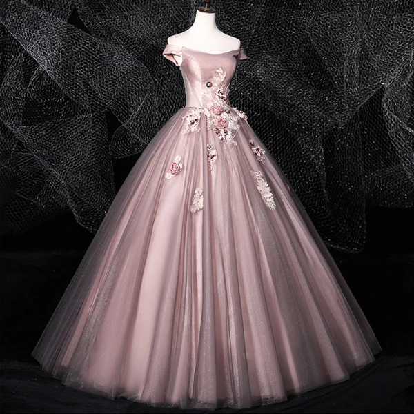 Flower Fairy Blushing Pink Grey Prom Dresses 2020 Ball Gown Off-The-Shoulder Beading Appliques Lace Flower Sleeveless Backless Floor-Length / Long Formal Dresses