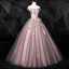 Flower Fairy Blushing Pink Grey Prom Dresses 2020 Ball Gown Off-The-Shoulder Beading Appliques Lace Flower Sleeveless Backless Floor-Length / Long Formal Dresses