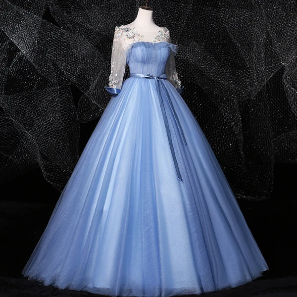 Elegant Sky Blue Prom Dresses 2020 Ball Gown Scoop Neck Bow Pearl Appliques 3/4 Sleeve Backless Floor-Length / Long Formal Dresses
