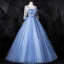 Elegant Sky Blue Prom Dresses 2020 Ball Gown Scoop Neck Bow Pearl Appliques 3/4 Sleeve Backless Floor-Length / Long Formal Dresses