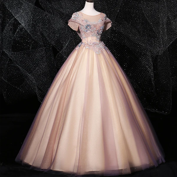Vintage / Retro Blushing Pink Quinceañera Prom Dresses 2020 Ball Gown Scoop Neck Pearl Sequins Rhinestone Lace Flower Short Sleeve Backless Floor-Length / Long Formal Dresses