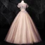 Vintage / Retro Blushing Pink Quinceañera Prom Dresses 2020 Ball Gown Scoop Neck Pearl Sequins Rhinestone Lace Flower Short Sleeve Backless Floor-Length / Long Formal Dresses
