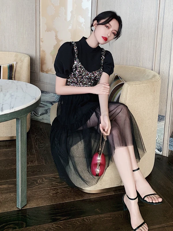 Fashion Black Party Dresses 2020 A-Line / Princess High Neck Sequins Short Sleeve Tea-length Formal Dresses