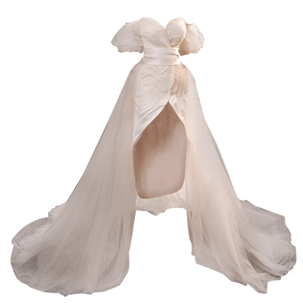 Sexy Hohes Niedriges Ivory / Creme Satin Strand Brautkleider / Hochzeitskleider 2021 Asymmetrisch Off Shoulder Kurze Ärmel Rückenfreies Schleife Hochzeit