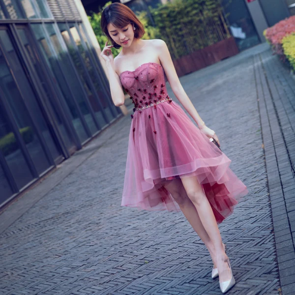 Sexy Fuchsia Cocktailkjoler 2018 Prinsesse Paljetter Appliques Kjæreste Ryggløse Uten Ermer Asymmetrisk Formelle Kjoler