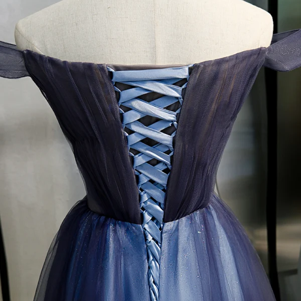 Chic / Belle Bleu Marine Dégradé De Couleur Robe De Soirée 2020 Princesse De l'épaule Manches Courtes Dos Nu Longue Robe De Ceremonie