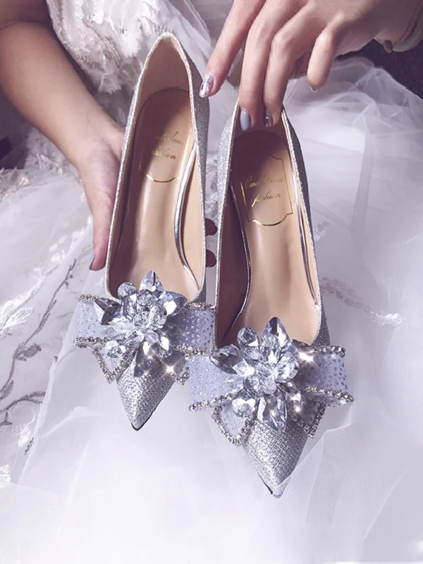 Glitzernden Silber Glanz Brautschuhe 2020 Leder Strass Pailletten Schleife 8 cm Stilettos Spitzschuh Hochzeit Pumps