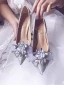 Glitzernden Silber Glanz Brautschuhe 2020 Leder Strass Pailletten Schleife 8 cm Stilettos Spitzschuh Hochzeit Pumps