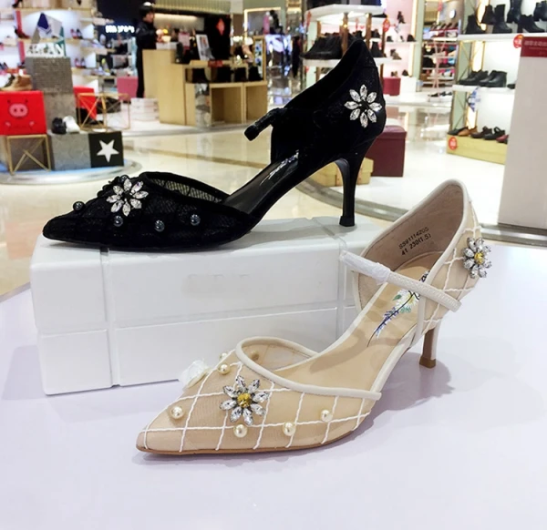 Chic / Beautiful Beige Casual Womens Shoes 2020 Leather Lace Pearl Rhinestone Buckle 5 cm Stiletto Heels Pointed Toe High Heels