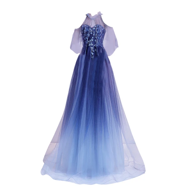 Charming Ocean Blue Prom Dresses 2021 A-Line / Princess Scoop Neck Beading Crystal Sequins Floor-Length / Long Short Sleeve Backless Prom Formal Dresses