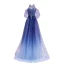 Charming Ocean Blue Prom Dresses 2021 A-Line / Princess Scoop Neck Beading Crystal Sequins Floor-Length / Long Short Sleeve Backless Prom Formal Dresses