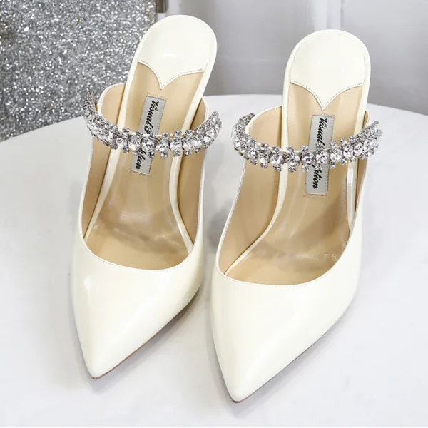 Modest / Simple Ivory Casual Womens Sandals 2020 Leather Rhinestone Buckle 10 cm Stiletto Heels Pointed Toe Sandals
