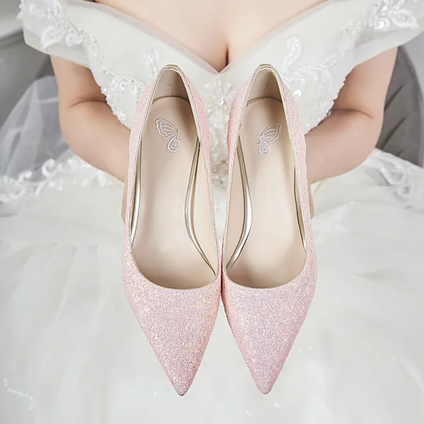 Glitter Candy Roze Glans Bruidsschoenen 2020 Pailletten 7 cm Dikke Hak Spitse Neus Huwelijk Pumps