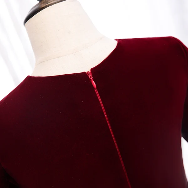 Modest / Simple Burgundy Evening Dresses  2020 A-Line / Princess V-Neck Suede 1/2 Sleeves Floor-Length / Long Formal Dresses