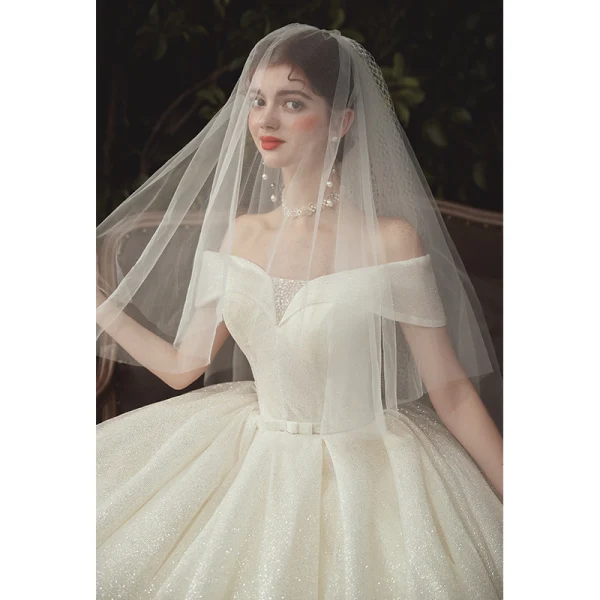 High End Ivory / Creme Glanz Brautkleider / Hochzeitskleider 2020 Ballkleid Off Shoulder Pailletten Kurze Ärmel Rückenfreies Kathedrale Schleppe