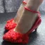 Chic / Beautiful Red Low Heel Wedding Shoes 2020 Lace Flower Appliques Pearl 4 cm Stiletto Heels Pointed Toe Wedding Pumps