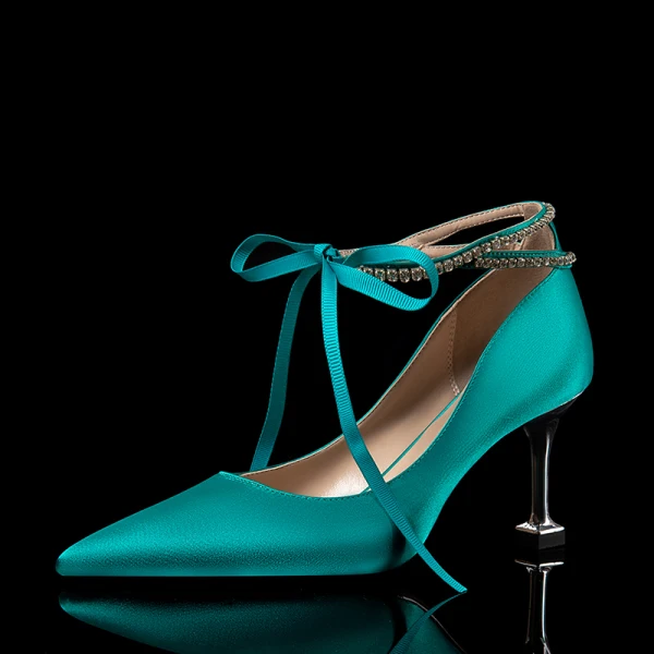 Elegant Champagne Wedding Shoes 2020 Satin Rhinestone Bow 7 cm Stiletto Heels Pointed Toe Wedding Pumps