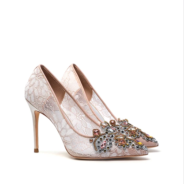 Fashion Champagne Wedding Shoes 2020 Lace Rhinestone 10 cm Stiletto Heels Pointed Toe Wedding Pumps