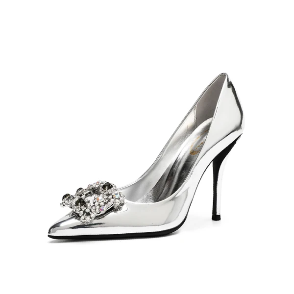 Mode Argenté Soirée Escarpins 2020 Cuir Verni Faux Diamant 10 cm Talons Aiguilles À Bout Pointu Escarpins