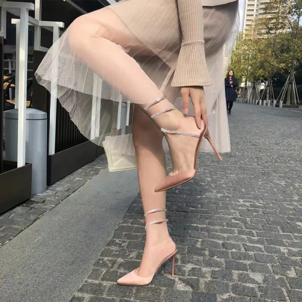 Unique Ivoire Soirée Sandales Femme 2020 Cuir Faux Diamant 8 cm Talons Aiguilles À Bout Pointu Sandales