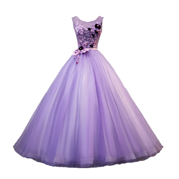 Flower Fairy Fairytale Lavender Quinceañera Prom Dresses 2020 Ball Gown Scoop Neck Appliques Pearl Rhinestone Bow Lace Flower Sleeveless Backless Floor-Length / Long Formal Dresses