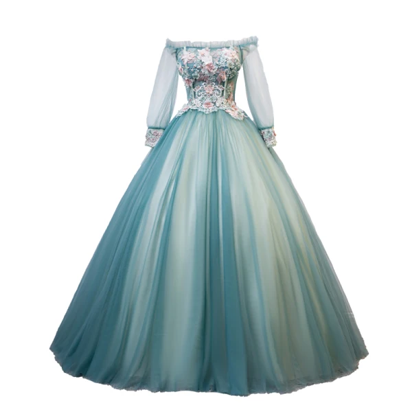 Flower Fairy Jade Green Fairytale Prom Dresses 2020 Ball Gown Off-The-Shoulder Pearl Rhinestone Lace Flower Appliques 3/4 Sleeve Backless Floor-Length / Long Formal Dresses
