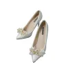 Charming Ivory Wedding Shoes 2020 Leather Handmade  Rhinestone Pearl Sequins Lace Flower 10 cm Stiletto Heels Pointed Toe Wedding Pumps