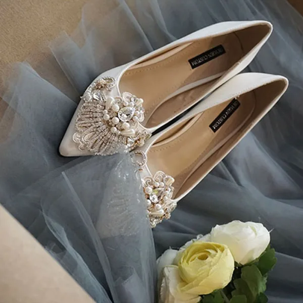 Fashion Ivory Handmade Wedding Shoes 2020 Pearl Rhinestone Lace Flower 10 cm Stiletto Heels Pointed Toe Wedding Pumps