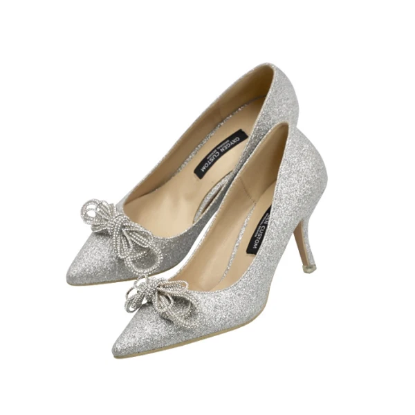 Glittrande Silver Glittriga / Glitter Brudskor 2020 Läder Paljetter Rhinestone 9 cm Stilettklackar Spetsiga Bröllop Pumps