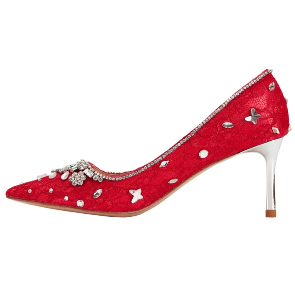 Sjarmerende Elfenben Brudesko 2020 Lær Blonder Rhinestone 7 cm Stiletthæler Spisse Bryllup Pumps