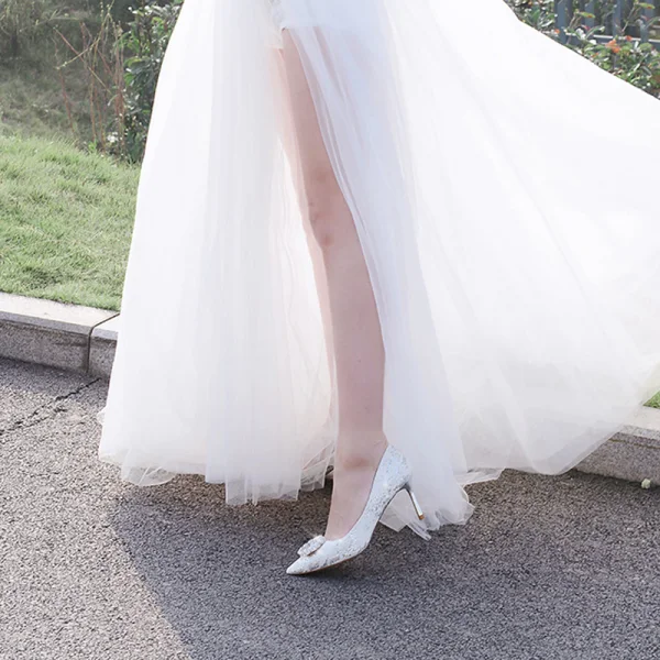 Charming Ivory Wedding Shoes 2020 Lace Rhinestone Sequins 7 cm Stiletto Heels Pointed Toe Wedding Pumps