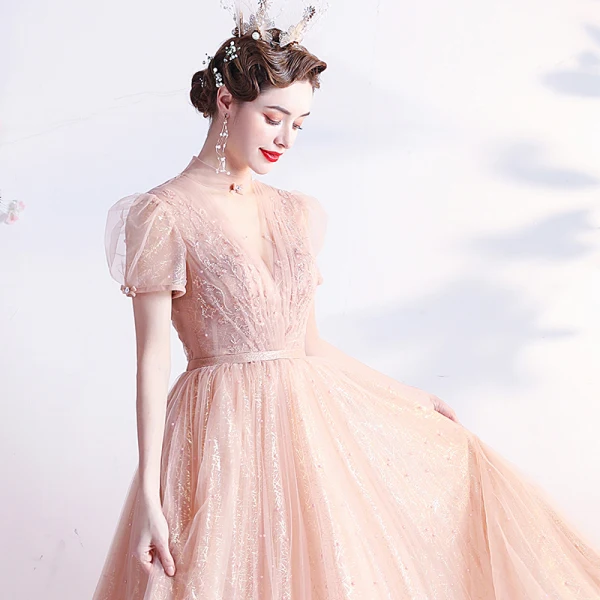 Fashion Blushing Pink Homecoming Graduation Dresses 2021 A-Line / Princess High Neck Beading Pearl Sequins Short Sleeve Backless Floor-Length / Long Formal Dresses
