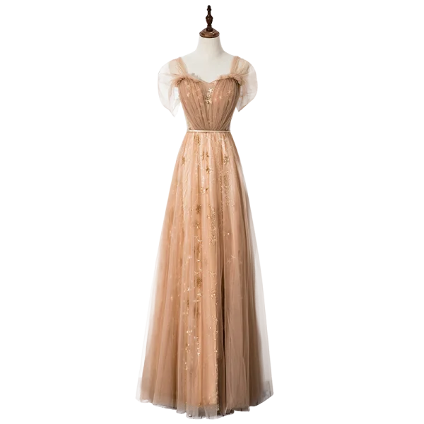 Élégant Champagne Robe De Soirée 2020 Princesse Encolure Carrée Étoile En Dentelle Paillettes Manches Courtes Dos Nu Longue Robe De Ceremonie