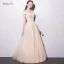 Chic / Beautiful Champagne Bridesmaid Dresses 2018 A-Line / Princess Appliques Bow Scoop Neck Backless Short Sleeve Floor-Length / Long Wedding Party Dresses