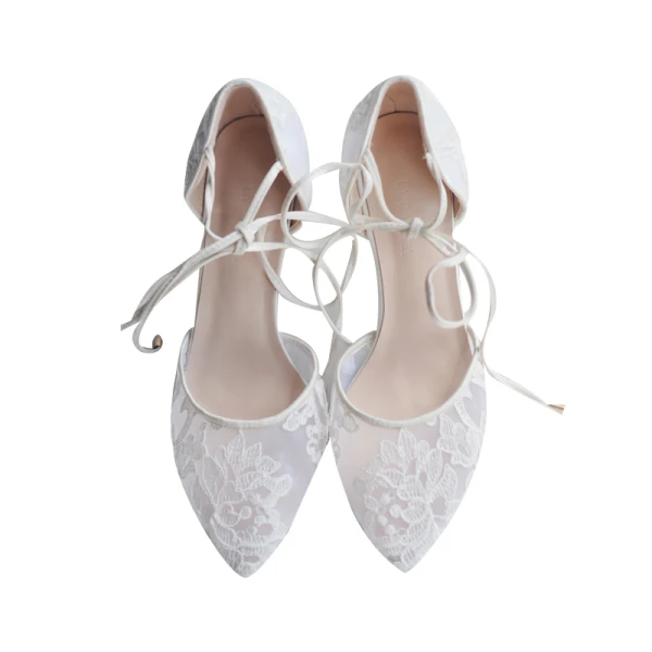 High-end Ivory Wedding Shoes 2020 Tulle Lace Flower Strappy 8 cm Stiletto Heels Pointed Toe Wedding High Heels