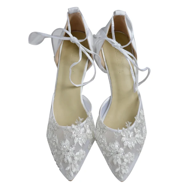 Edles Ivory / Creme Handgefertigt Durchsichtige Brautschuhe 2020 Leder Perle Strass Spitze 6 cm Stilettos Spitzschuh Hochzeit Hochhackige