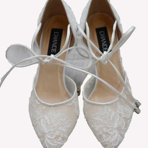 High-end Ivory Handmade Wedding Shoes 2020 Leather Tulle Lace Flower 8 cm Stiletto Heels Pointed Toe Wedding High Heels