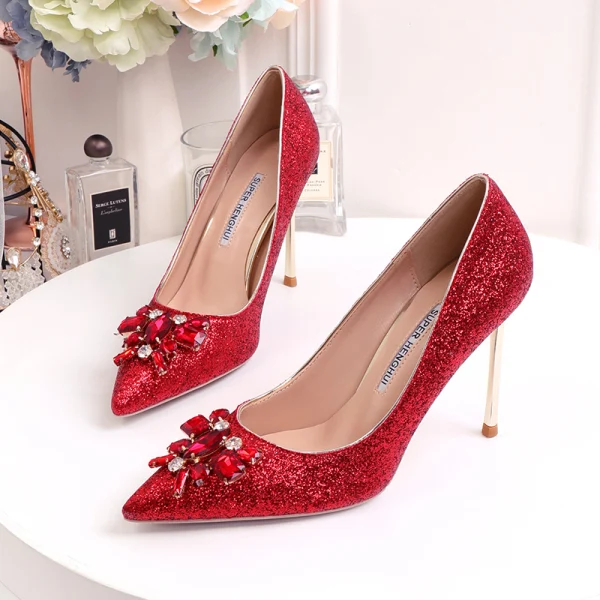 Glittrande Silver Brudskor 2020 Rhinestone Paljetter 10 cm Stilettklackar Spetsiga Bröllop Pumps