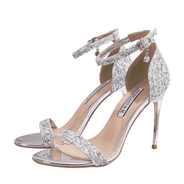 Scintillantes Argenté Soirée Sandales Femme 2020 Paillettes Bride Cheville 10 cm Talons Aiguilles Peep Toes / Bout Ouvert Talons Hauts