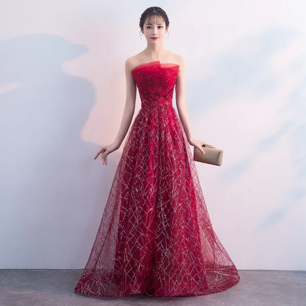 Sparkly Burgundy Evening Dresses 2018 A-Line / Princess Lace Flower Rhinestone Sequins Strapless Backless Sleeveless Sweep Train Formal Dresses