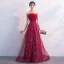 Sparkly Burgundy Evening Dresses  2018 A-Line / Princess Lace Flower Rhinestone Sequins Strapless Backless Sleeveless Sweep Train Formal Dresses