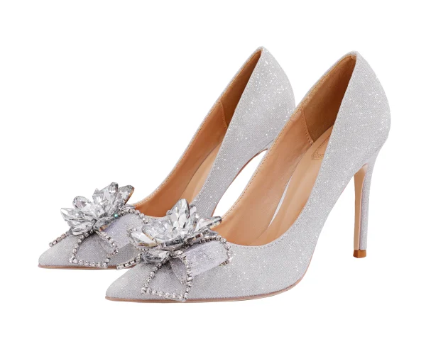 Charmant Silber Glanz Strass Schleife Brautschuhe 2020 Pailletten 10 cm Stilettos Spitzschuh Hochzeit Pumps