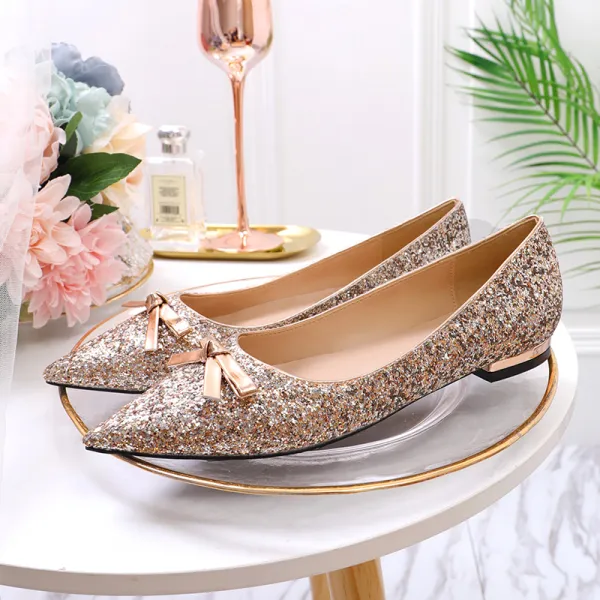 Sparkly Silver Glitter Wedding Shoes 2020 Sequins Bow Pointed Toe Flat