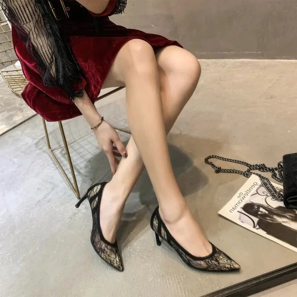 Sexy Black Evening Party Pierced Pumps 2020 Lace 10 cm Stiletto Heels Pointed Toe Pumps